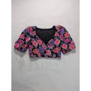 Zara Floral V-Neck Puff Sleeve Crop Top - Size Small